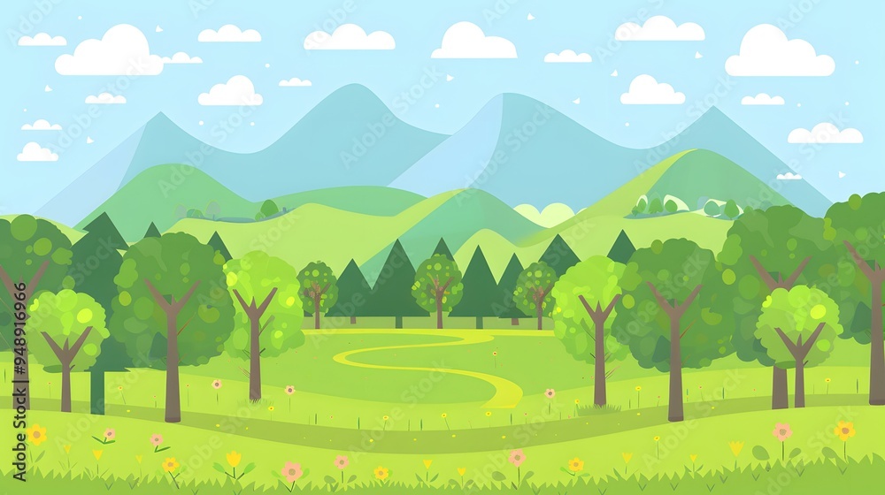 Green Grass and Mountain Landscape Illustration Green Grass and Mountain Landscape Illustration