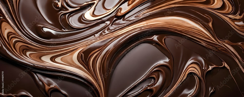 Rich swirling chocolate mixture creates an enticing texture in a close-up view, showcasing creamy hues blending together gracefully