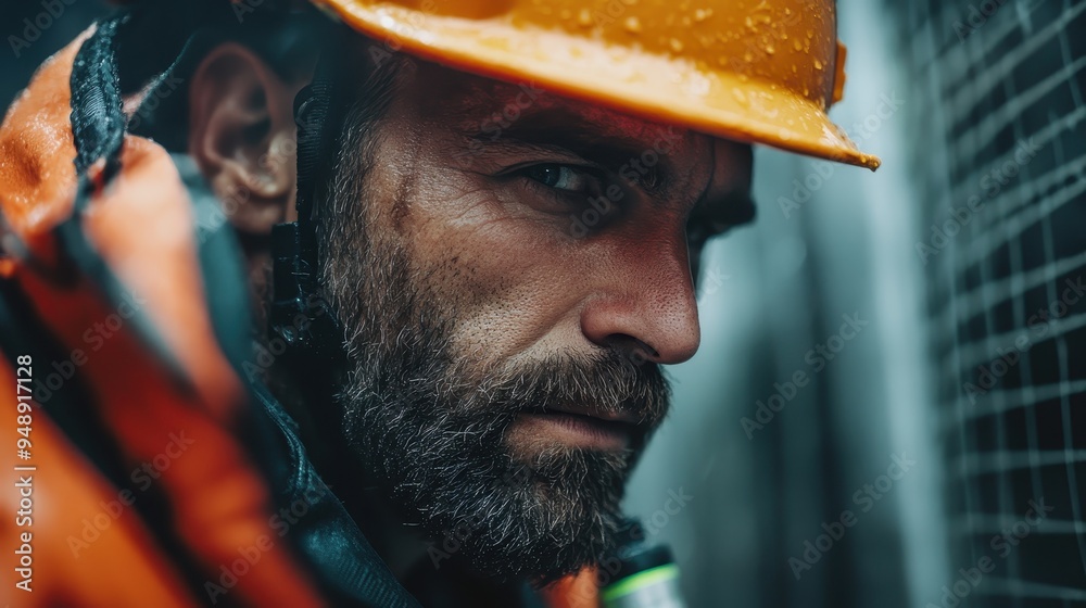Close-up portrait of a firefighter in an orange protective uniform and helmet, focusing diligently on an emergency task, exemplifying courage and readiness. Close-up portrait of a firefighter in an orange protective uniform and helmet, focusing diligently on an emergency task, exemplifying courage and readiness.