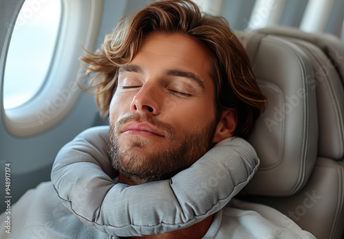 middle age man is sleeping peacefully with his new innovative neck pillow on the plane 