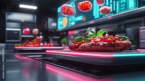 Futuristic kitchen with a pizza and flying ingredients. photo