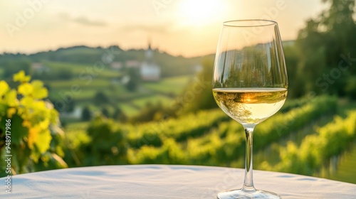 Glass of White Wine with Vineyard Sunset