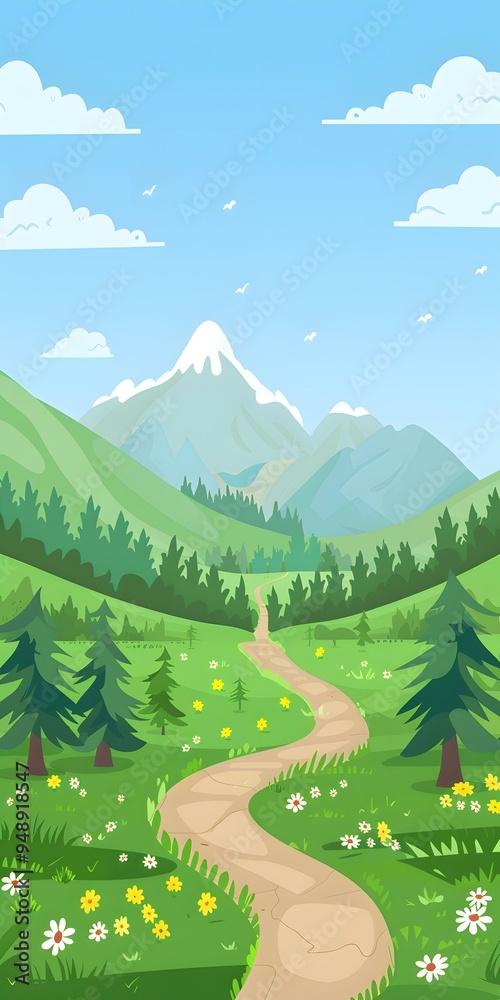 Fototapeta premium Winding Path Through Green Meadows and Mountains