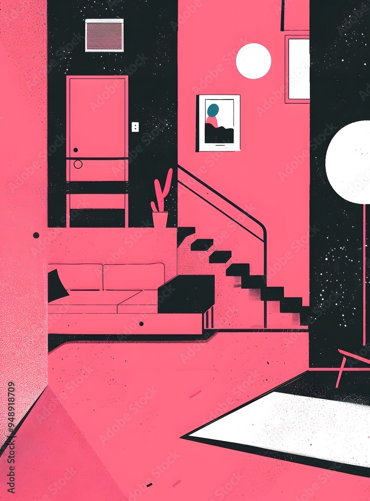Fototapeta premium Modern Minimalist Interior Design Illustration With Pink and Black Color Scheme