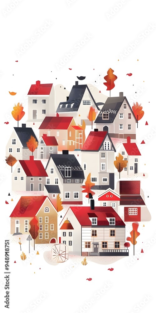 Colorful Autumn Village Illustration With Red Roofs Colorful Autumn Village Illustration With Red Roofs
