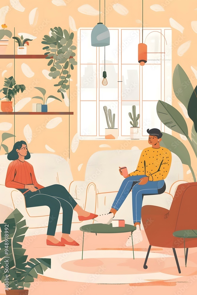 Two friends talking and drinking coffee in a living room with plants Two friends talking and drinking coffee in a living room with plants