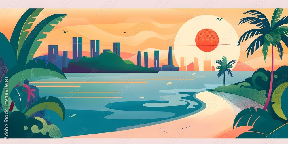 Obraz premium Tropical Sunset with Cityscape Illustration
