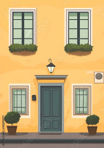 Yellow Building with Green Door and Windows