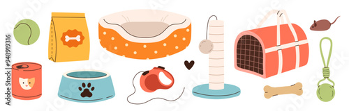 Vector set items for pets. Pet shop, veterinary shop supplies