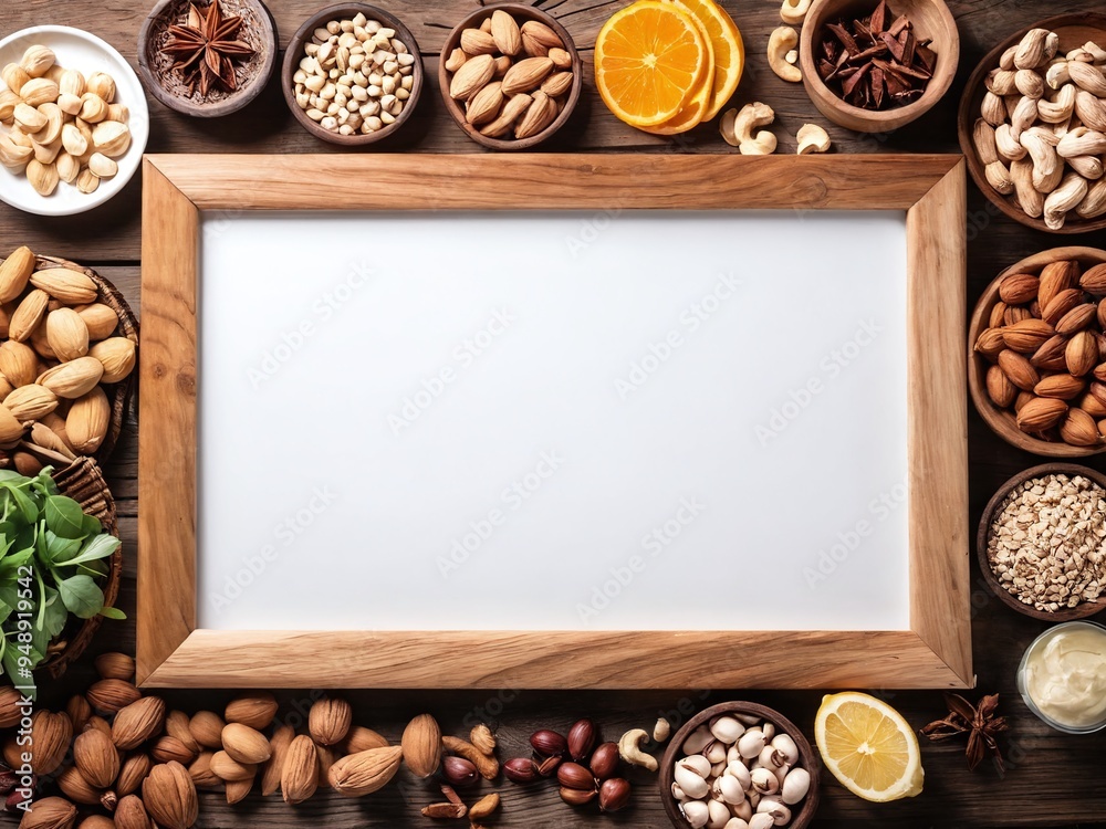 An assortment of nuts, spices, and citrus fruits arranged around a blank wooden frame on a rustic table during daylight hours An assortment of nuts, spices, and citrus fruits arranged around a blank wooden frame on a rustic table during daylight hours