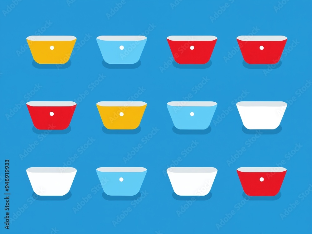 Colorful collection of bowls arranged in a grid pattern against a bright blue background showcasing various colors and shapes Colorful collection of bowls arranged in a grid pattern against a bright blue background showcasing various colors and shapes