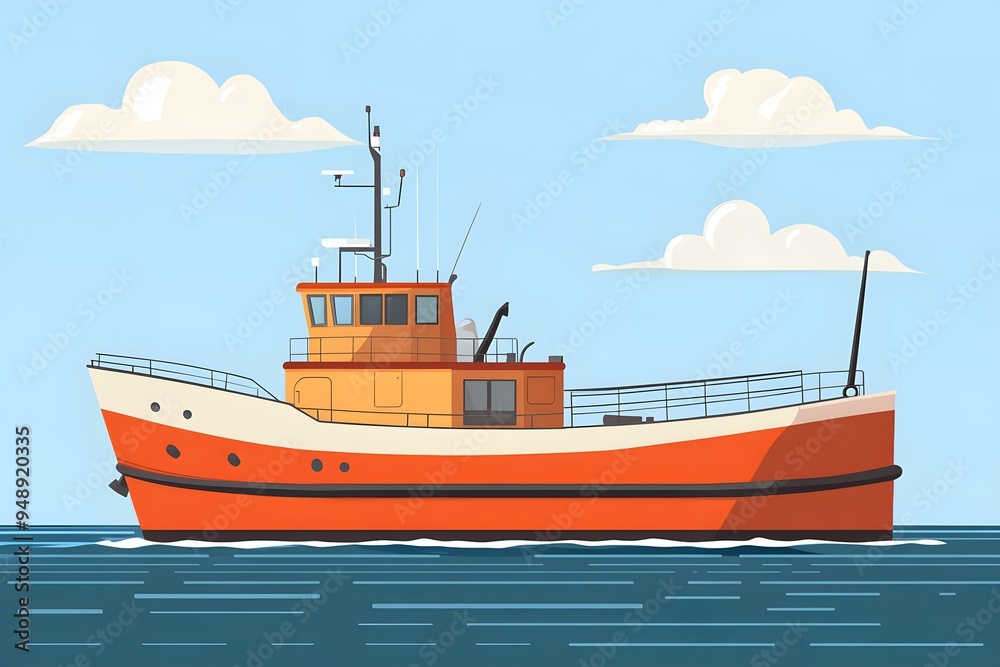 Orange Tugboat In The Sea Illustration Orange Tugboat In The Sea Illustration