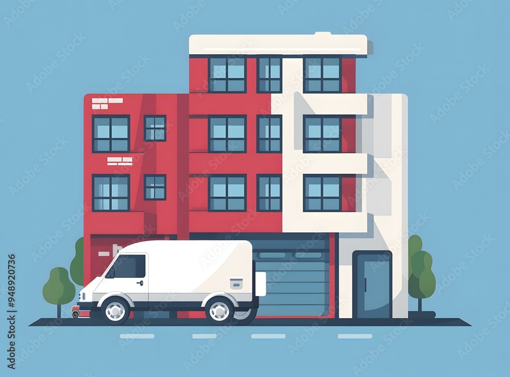 Fototapeta premium Modern Building Illustration With Van