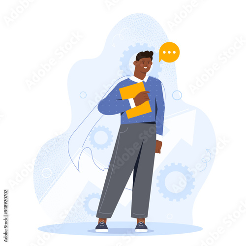 Business ambition concept. Businessman or entrepreneur with folder with files and documents. Inspiration and planning, success. Flat vector illustration isolated on white background