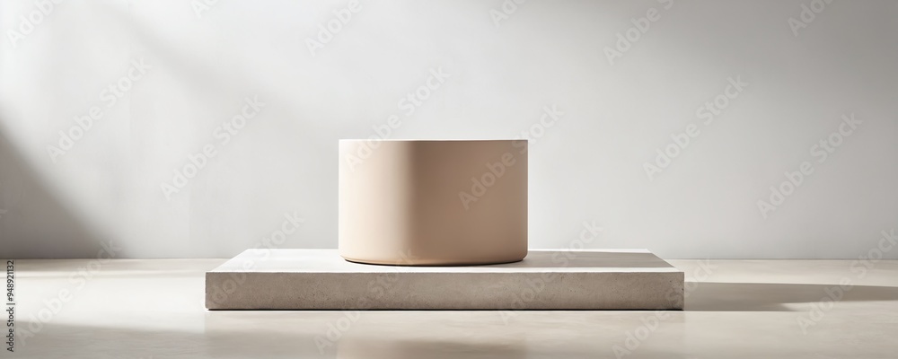 A minimalist ceramic bowl rests on a concrete platform, illuminated by soft natural light in a modern interior space A minimalist ceramic bowl rests on a concrete platform, illuminated by soft natural light in a modern interior space