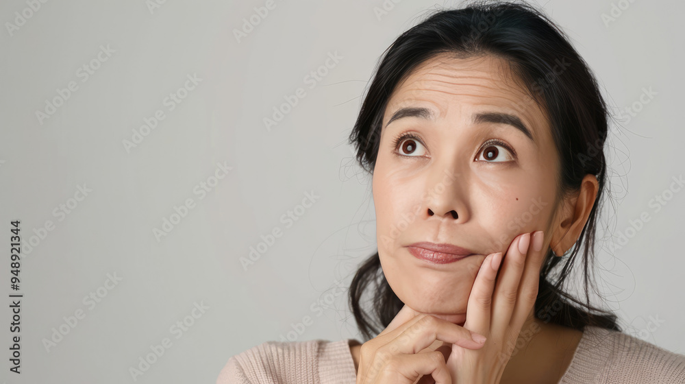 and middle age asian woman is having stress and worry about something , she standing on white background and middle age asian woman is having stress and worry about something , she standing on white background