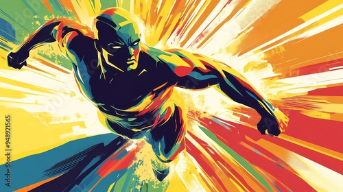 Comic bookstyle graphic of a superhero in action with dynamic lines and a dramatic color palette photo