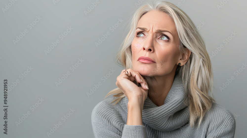middle age blonde older woman is having stress and worry about something , she standing on white background middle age blonde older woman is having stress and worry about something , she standing on white background