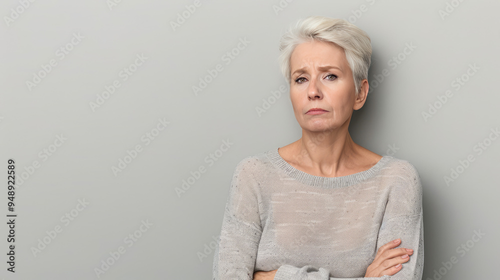 silver hair older middle age woman is stressed and worried standing on the white wall background silver hair older middle age woman is stressed and worried standing on the white wall background
