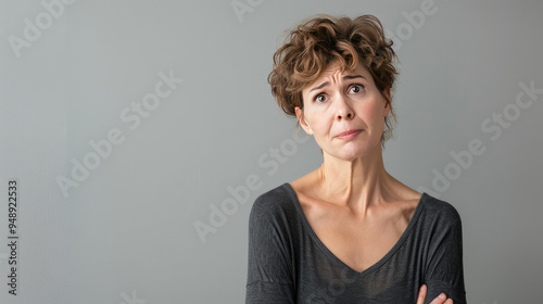 brunette hair older middle age woman is stressed and worried standing on the white wall background 