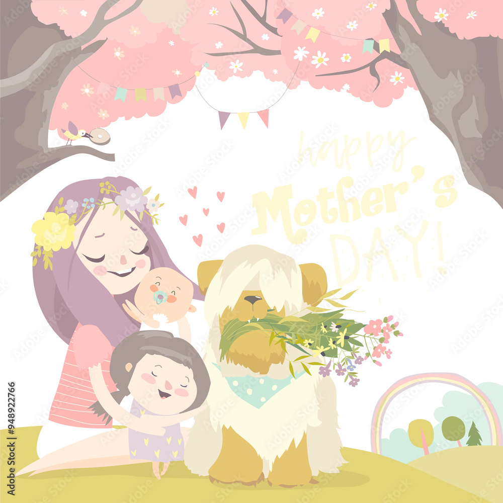Fototapeta premium Happy woman and children in the blooming spring garden