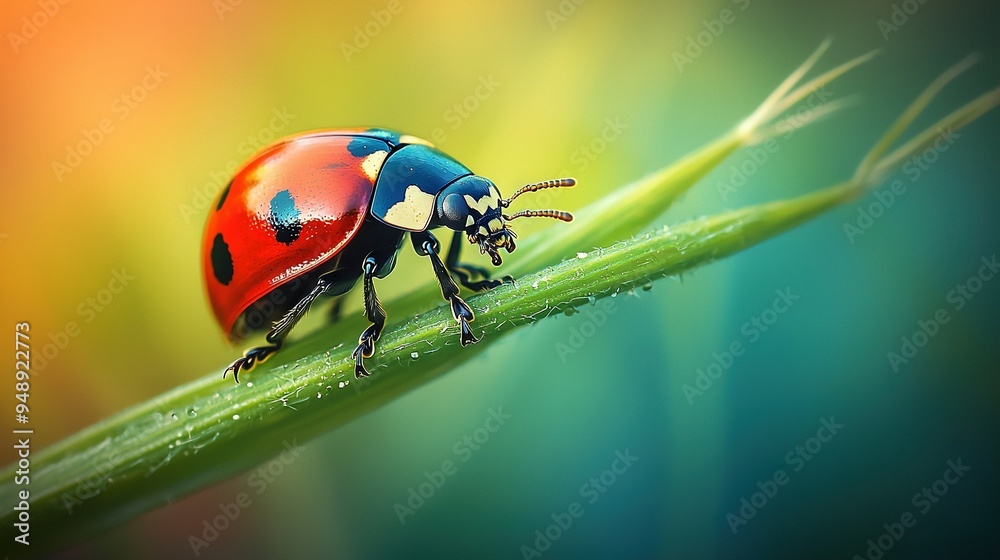 A close-up of a red and blue bug on a green plant with droplets of water on its back legs A close-up of a red and blue bug on a green plant with droplets of water on its back legs