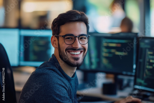 Smiling Engineer in Glasses Working at a Computer in a Modern Office, Surrounded by Multiple Screens With Code Displayed