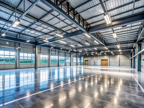 Abundant natural light pours into modern industrial building with exposed concrete walls, polished floors, and sleek