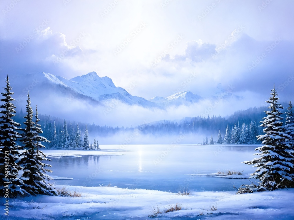 A tranquil winter morning by the frozen lake surrounded by snow-covered mountains and tall evergreen trees A tranquil winter morning by the frozen lake surrounded by snow-covered mountains and tall evergreen trees