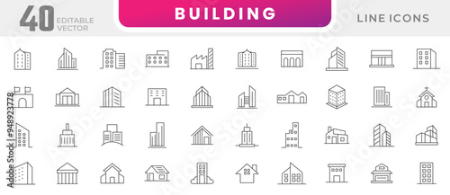 Building line icon collection. Real estate, house, apartment, museum, architecture, cityscape, hospital, church, urban, home, hotel, and shopping mall icon set. UI outline icon pack