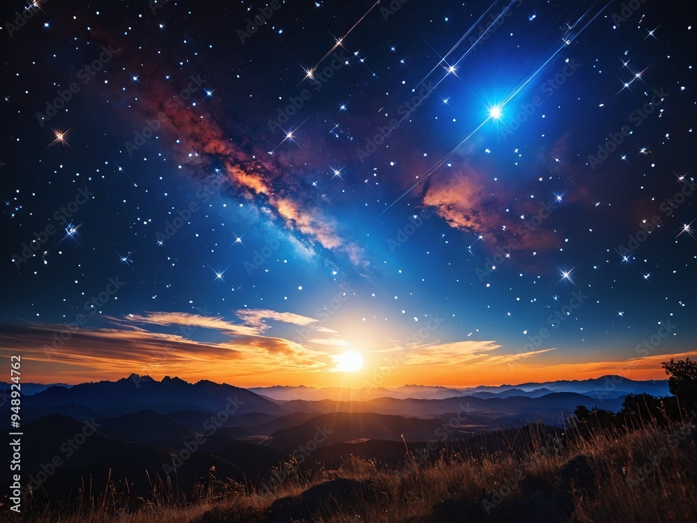Fototapeta premium A breathtaking sunset illuminates mountains under a starry sky filled with celestial wonders at twilight