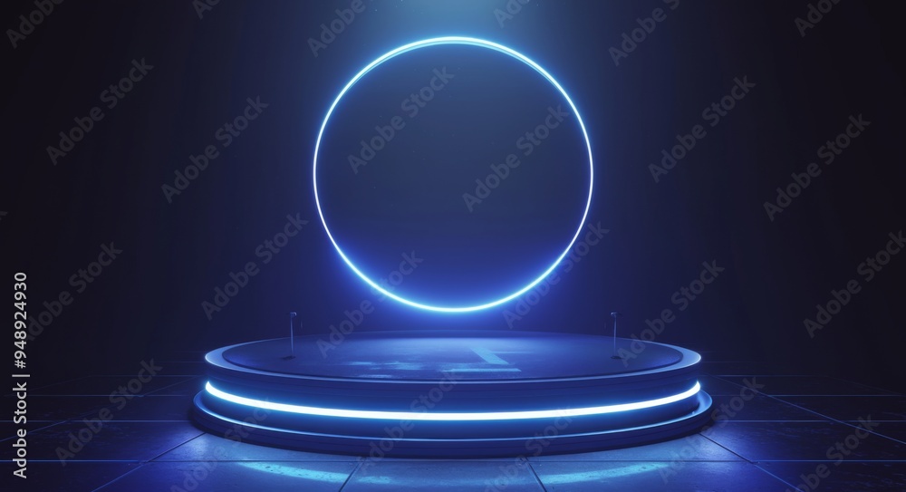 Black Background with Glowing Light Blue Round Podium Pedestal in the Middle, Minimalist Scene for Product Presentation Mockup Black Background with Glowing Light Blue Round Podium Pedestal in the Middle, Minimalist Scene for Product Presentation Mockup