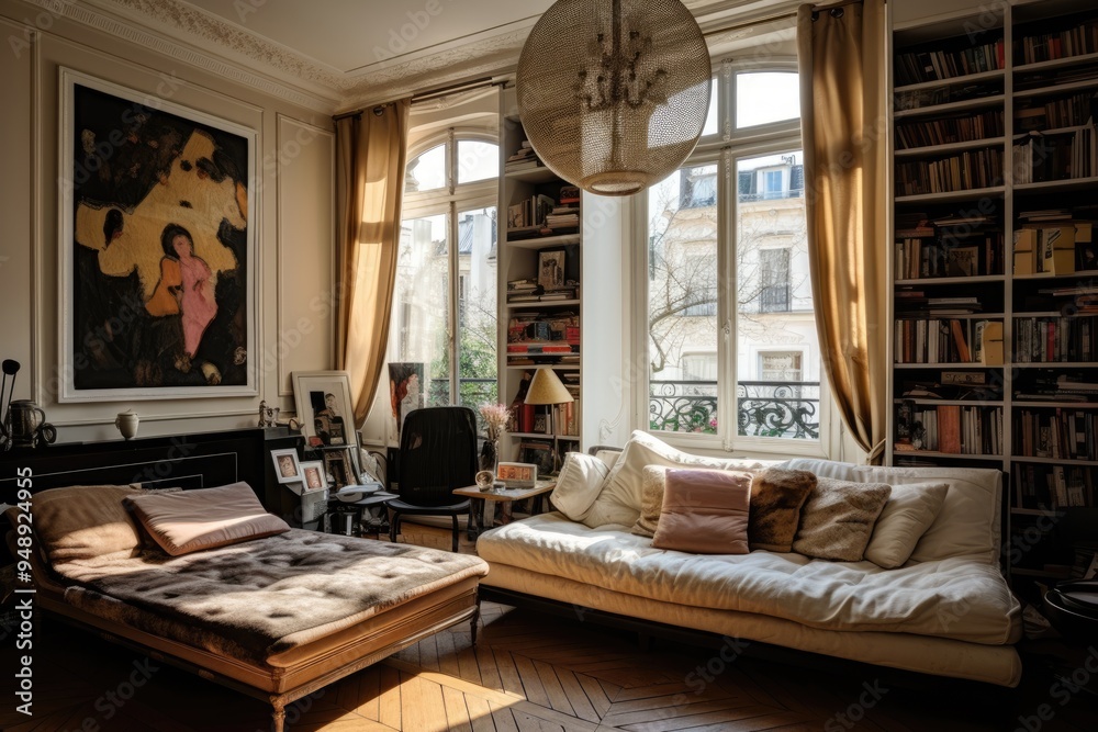 A welcoming apartment in Paris, featuring a stylish sofa, vibrant artwork, and a well-stocked library, illuminated by warm afternoon sunlight streaming through large windows.