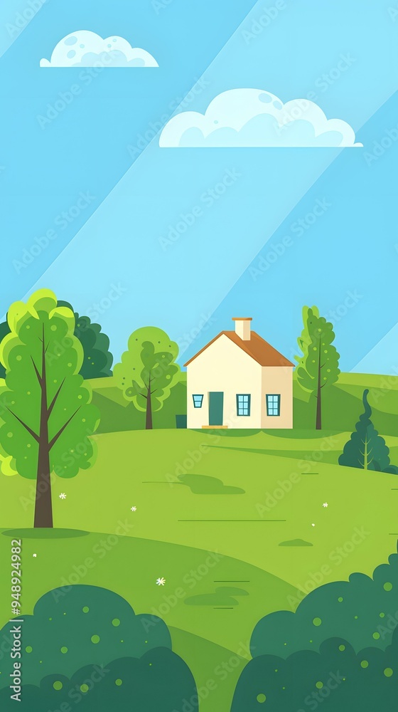 Cartoon Illustration of a House in a Green Meadow Cartoon Illustration of a House in a Green Meadow