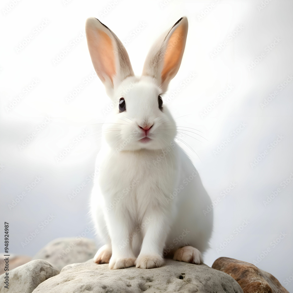 Obraz premium a white rabbit sitting on rocks with white background