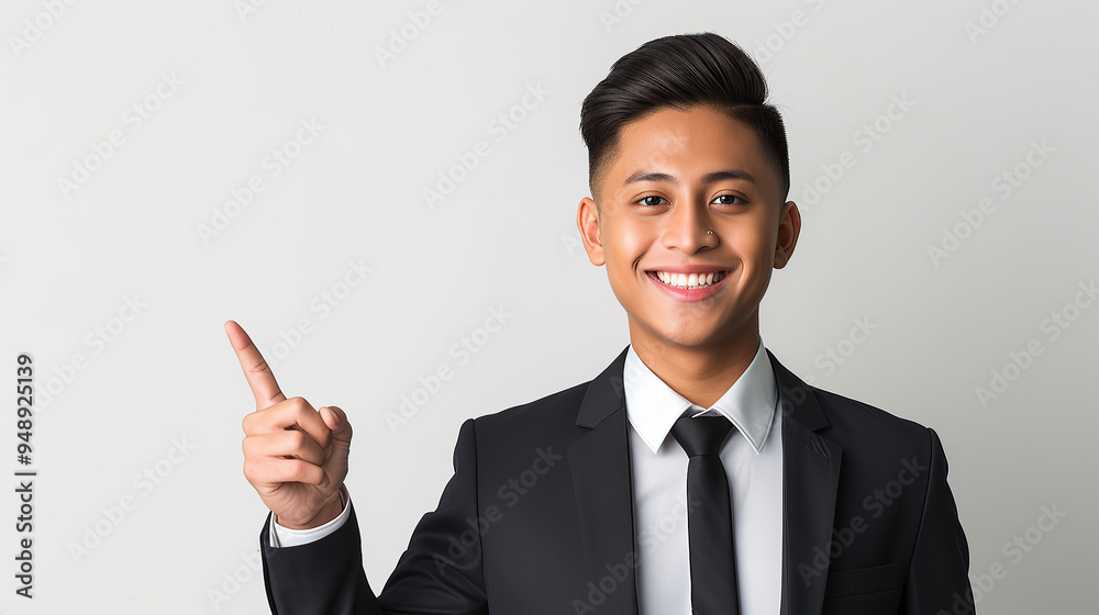 Young ceo pointing to the left, high cut fade, cutout, white background, smiling, looking straight ahead, happy