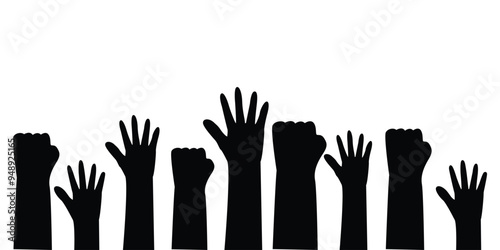 Multiracial people's hands and fists raised in the air. illustration of people protesting. Symbol of victory, strength, power and solidarity.