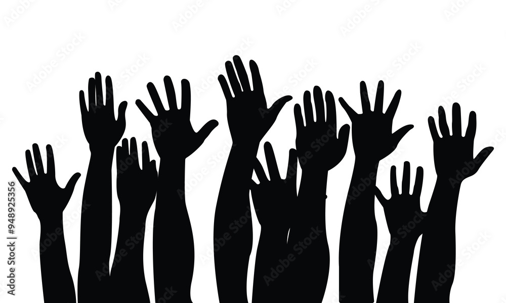 Obraz premium people raising hand silhouettes. People raising hand at the concert. Large group of people with raising hands, Cheering crowd at a concert. vector flat style. isolated on white background.