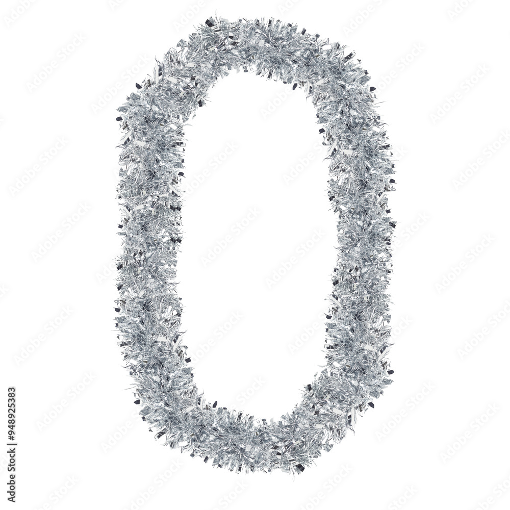 number 0 made from New Year's tinsel, isolated Christmas tinsel, tinsel garland number 0 made from New Year's tinsel, isolated Christmas tinsel, tinsel garland