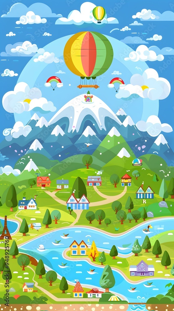 Obraz premium Cartoon Illustration of a Colorful Landscape with a Hot Air Balloon
