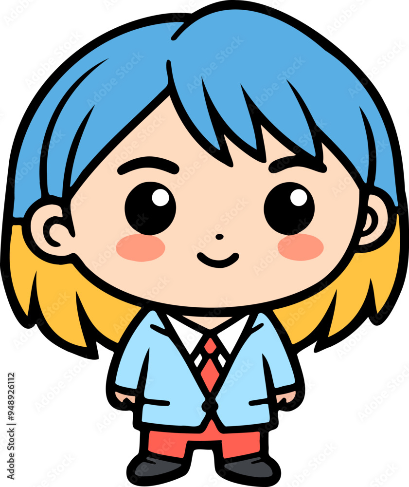 Boy cartoon with blue hair and business attire Boy cartoon with blue hair and business attire