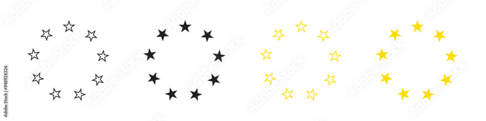 Stars circle sign icons set. Star circle vector. Star shape, simple symbol. EU stars isolated vector symbol on white background. Stars circle sign icons set. Star circle vector. Star shape, simple symbol. EU stars isolated vector symbol on white background.