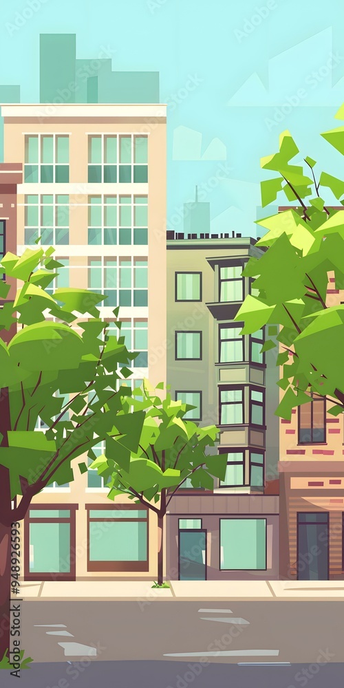 Cartoon Illustration of a City Street with Buildings and Trees Stock ...