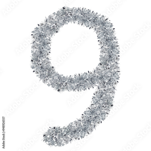 number 9 made from New Year's tinsel, isolated Christmas tinsel, tinsel garland