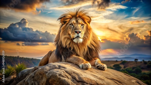 A majestic male lion with a shaggy mane and piercing gaze lies regally on a rocky outcropping amidst a sun-bathed