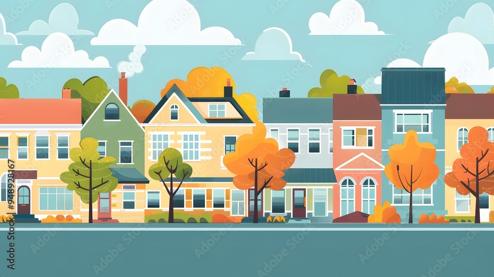 Autumnal Street Scene with Colorful Houses and Trees Autumnal Street Scene with Colorful Houses and Trees
