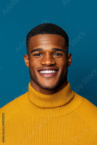  A professional headshot of an attractive African American male model, smiling with clean teeth in his late twenties, wearing a yellow turtleneck sweater against a blue background.