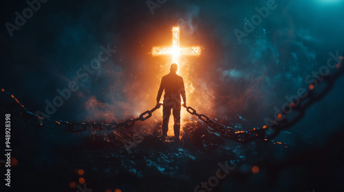 Salvation concept, man breaking from chains of sins, emerging into a bright and hopeful future. christian cross on the top, saved by religion photo