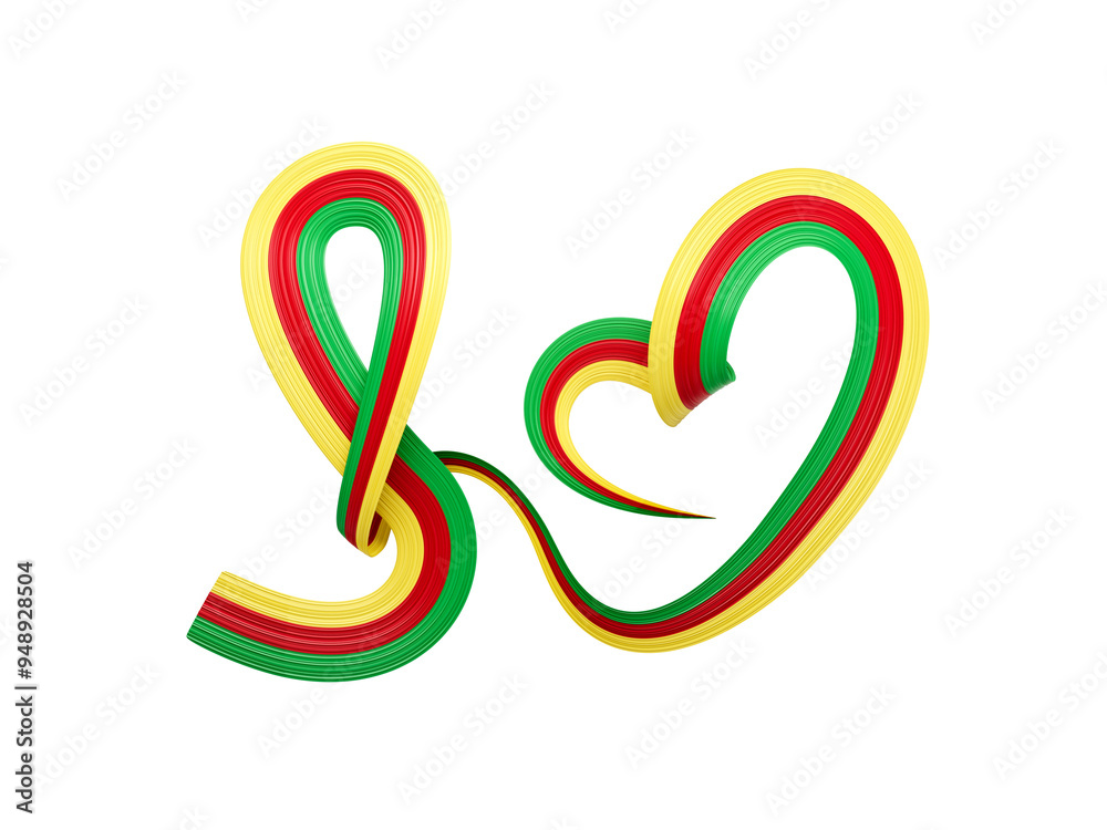 3d Flag Of Cameroon Heart Shaped Wavy Awareness Ribbon flag On White Background, 3d illustration
