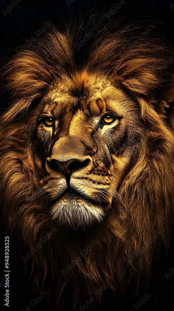Fototapeta premium Lion Close-up Looking Up on Black Background, Abstract Image, Texture, Pattern, Wallpaper, Cover and Screen of Smartphone, PC, Laptop, 9:16 and 16:9 Format